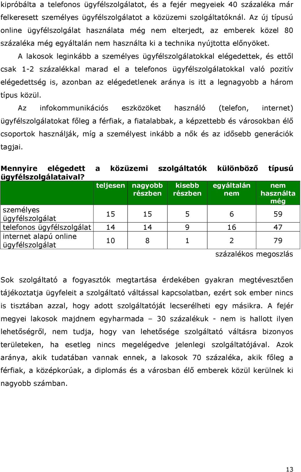 A lakosok leginkább a személyes ügyfélszolgálatokkal elégedettek, és ettől csak 1-2 százalékkal marad el a telefonos ügyfélszolgálatokkal való pozitív elégedettség is, azonban az elégedetlenek aránya