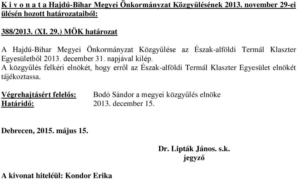 Klaszter Egyesületből 2013. december 31. napjával kilép.