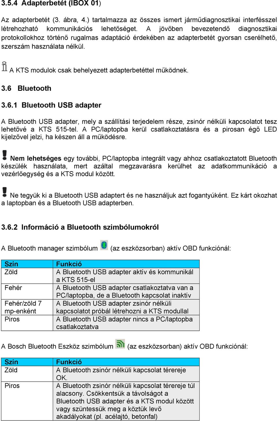 A KTS modulok csak behelyezett adapterbetéttel működnek. 3.6 