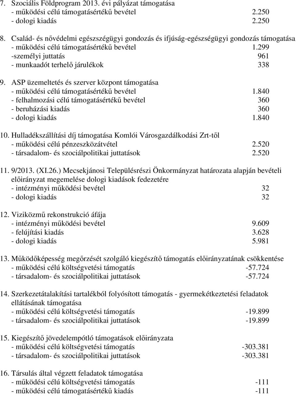 ASP üzemeltetés és szerver központ támogatása - működési célú támogatásértékű bevétel 1.840 - felhalmozási célú támogatásértékű bevétel 360 - beruházási kiadás 360 - dologi kiadás 1.840 10.