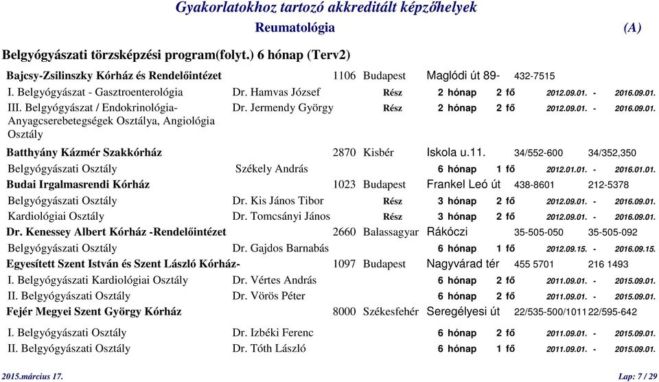 11. 34/552-600 34/352,350 Belgyógyászati Osztály Székely András 6 hónap 1 fő 2012.01.01. - 2016.01.01. Budai Irgalmasrendi Kórház 1023 Budapest Frankel Leó út 438-8601 212-5378 Belgyógyászati Osztály Dr.