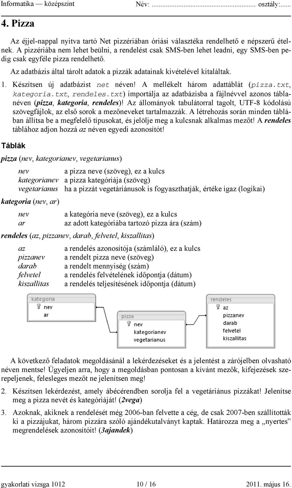 Készítsen új adatbázist net néven! A mellékelt három adattáblát (pizza.txt, kategoria.txt, rendeles.txt) importálja az adatbázisba a fájlnévvel azonos táblanéven (pizza, kategoria, rendeles)!