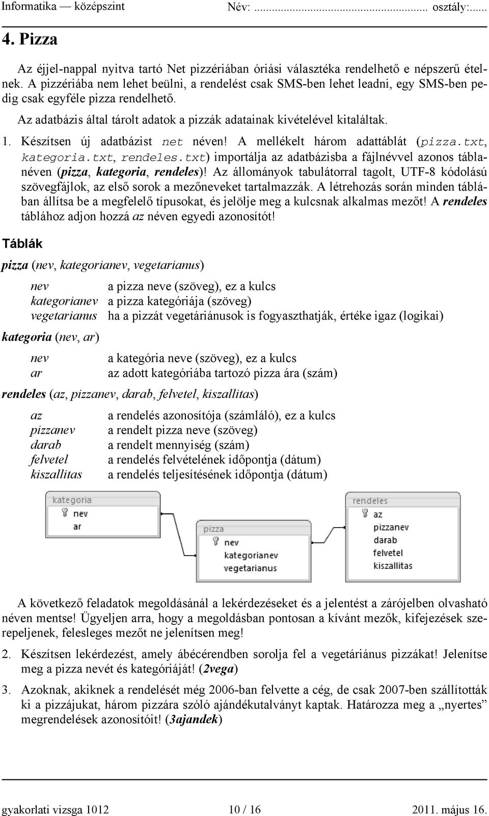 Készítsen új adatbázist net néven! A mellékelt három adattáblát (pizza.txt, kategoria.txt, rendeles.txt) importálja az adatbázisba a fájlnévvel azonos táblanéven (pizza, kategoria, rendeles)!