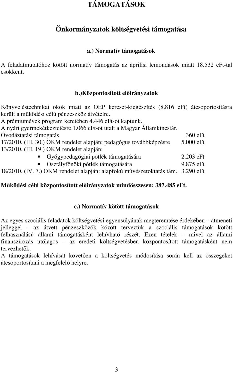 446 -ot kaptunk. A nyári gyermekétkeztetésre 1.066 -ot utalt a Magyar Államkincstár. Óvodáztatási támogatás 360 17/2010. (III. 30.) OKM rendelet alapján: pedagógus továbbképzésre 5.000 13/2010. (III. 19.