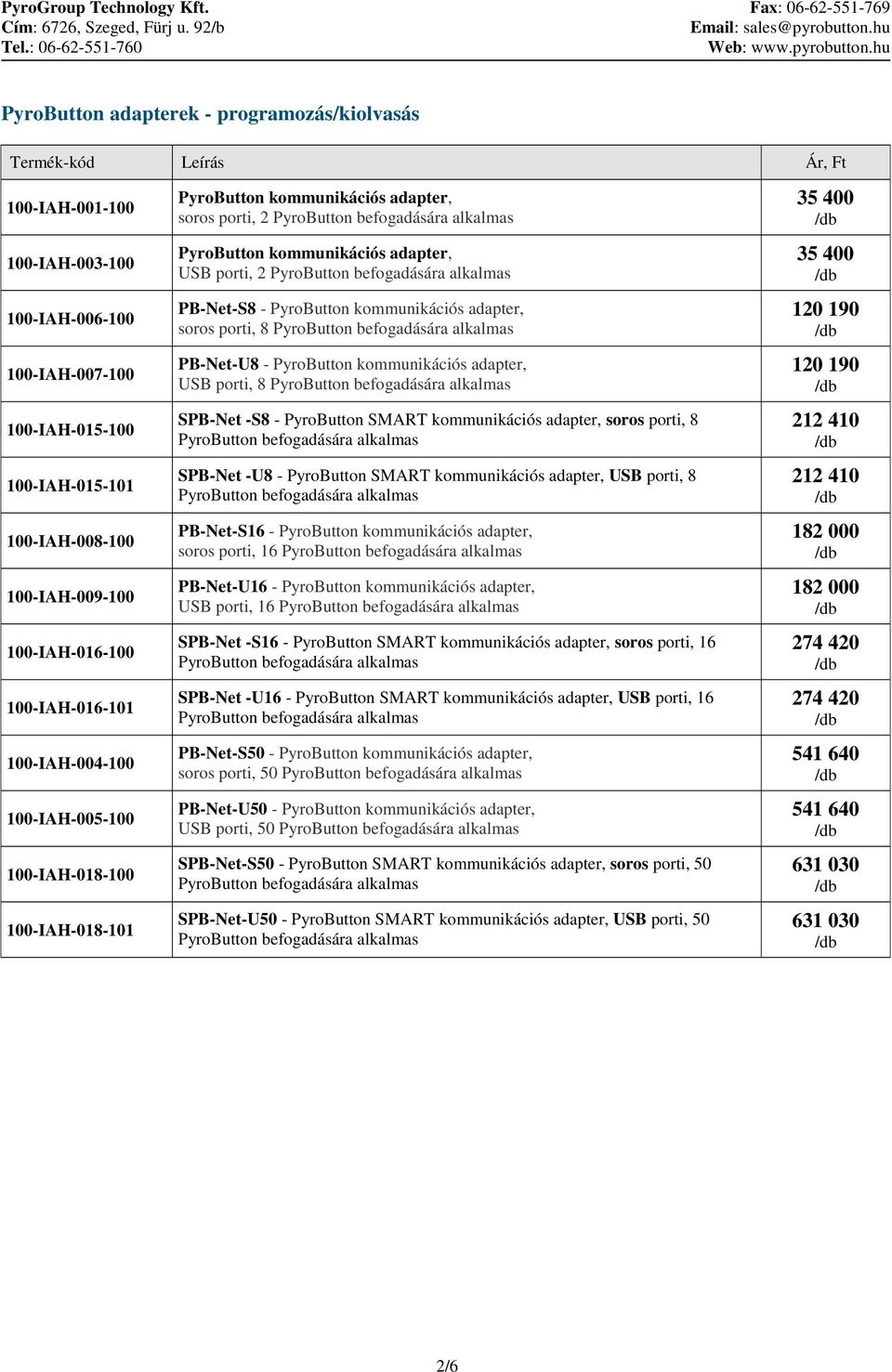 kommunikációs adapter, soros porti, 8 PB-Net-U8 - PyroButton kommunikációs adapter, USB porti, 8 SPB-Net -S8 - PyroButton SMART kommunikációs adapter, soros porti, 8 SPB-Net -U8 - PyroButton SMART