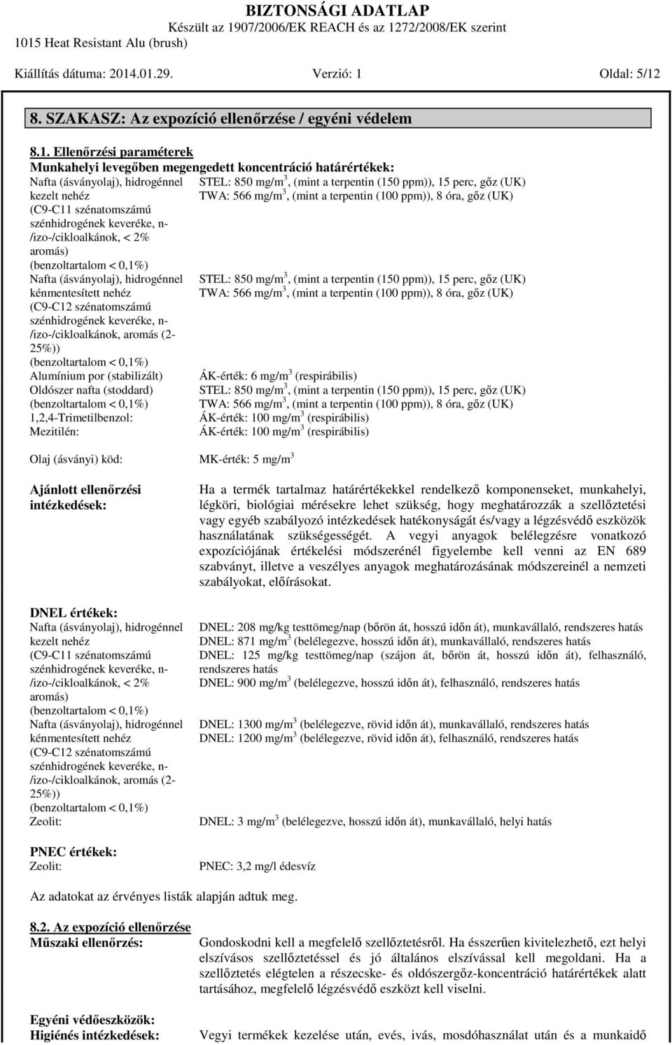 (stabilizált) Oldószer nafta (stoddard) 1,2,4-Trimetilbenzol: Mezitilén: Olaj (ásványi) köd: MK-érték: 5 mg/m 3 STEL: 850 mg/m 3, (mint a terpentin (150 ppm)), 15 perc, gőz (UK) TWA: 566 mg/m 3,