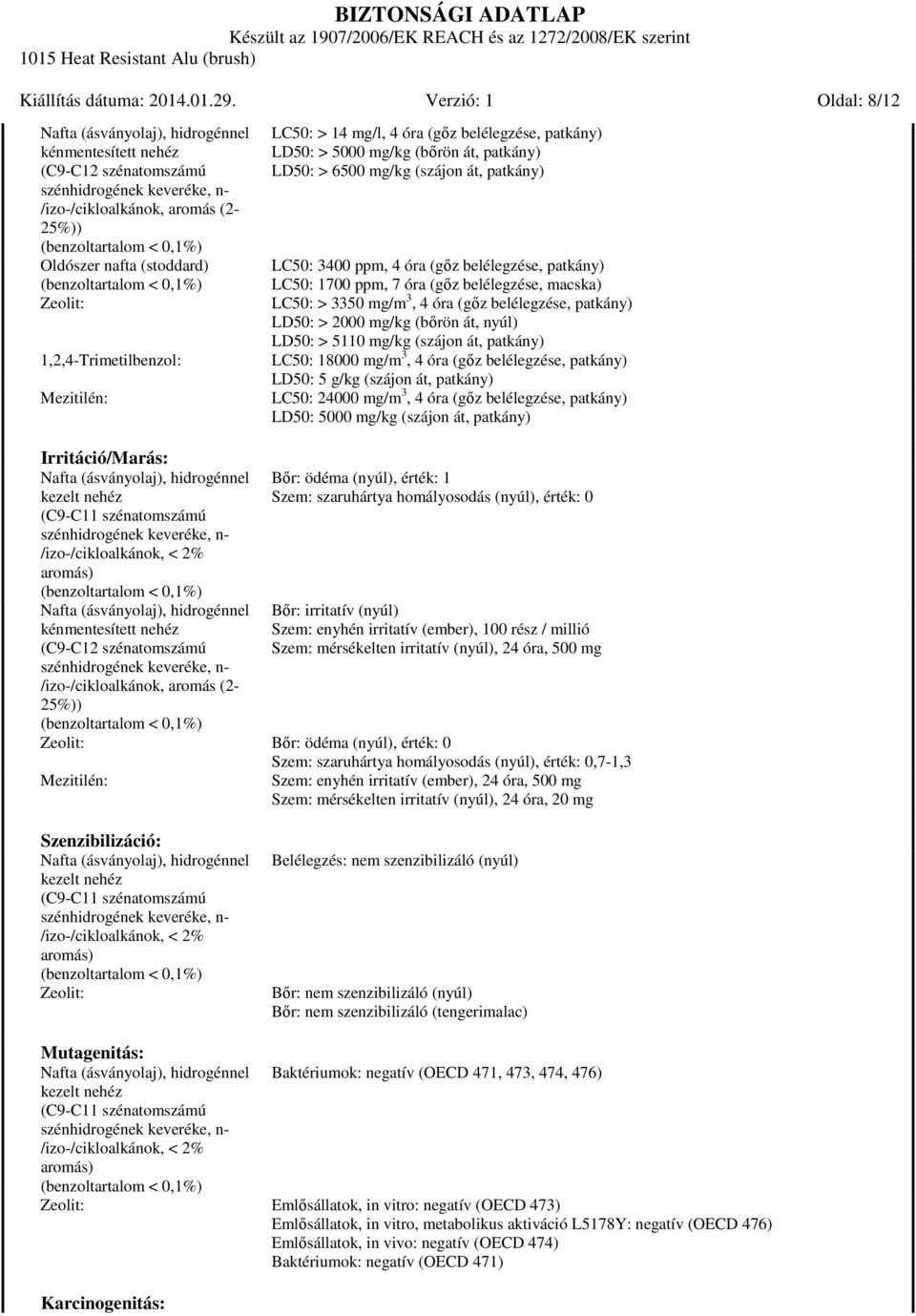 (szájon át, patkány) LC50: 3400 ppm, 4 óra (gőz belélegzése, patkány) LC50: 1700 ppm, 7 óra (gőz belélegzése, macska) LC50: > 3350 mg/m 3, 4 óra (gőz belélegzése, patkány) LD50: > 2000 mg/kg (bőrön