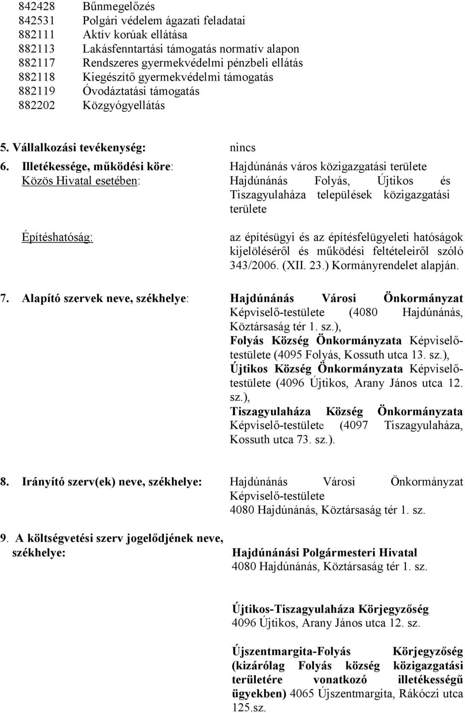 Illetékessége, működési köre: Hajdúnánás város közigazgatási területe Közös Hivatal esetében: Hajdúnánás Folyás, Újtikos és Tiszagyulaháza települések közigazgatási területe Építéshatóság: az