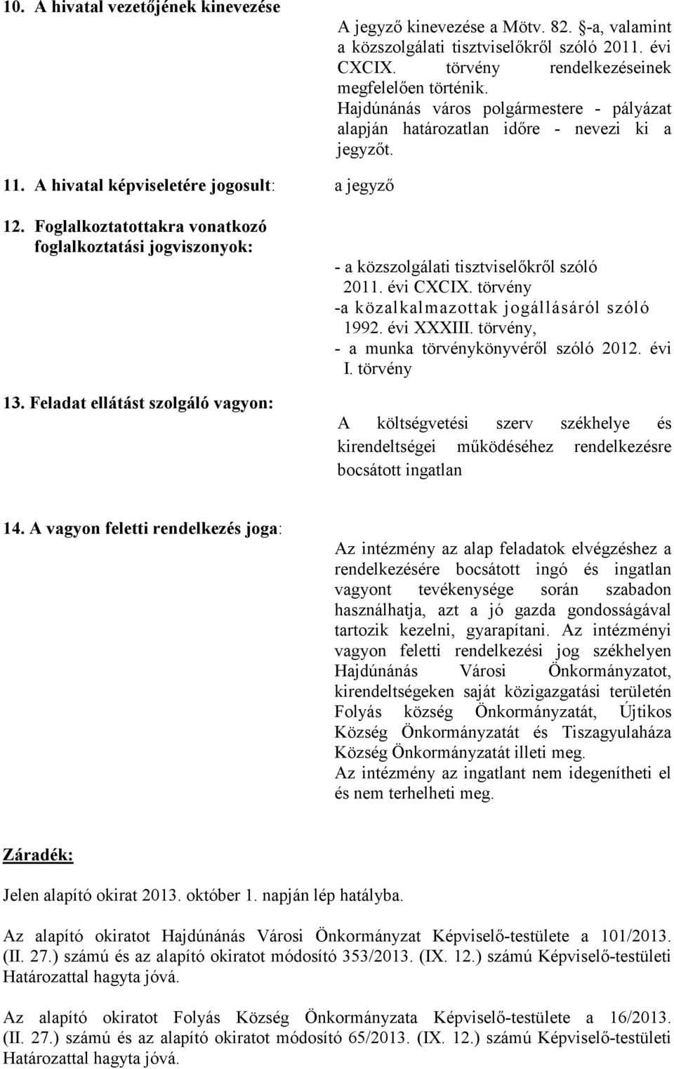 Feladat ellátást szolgáló vagyon: - a közszolgálati tisztviselőkről szóló 2011. évi CXCIX. törvény -a közalkalmazottak jogállásáról szóló 1992. évi XXXIII.