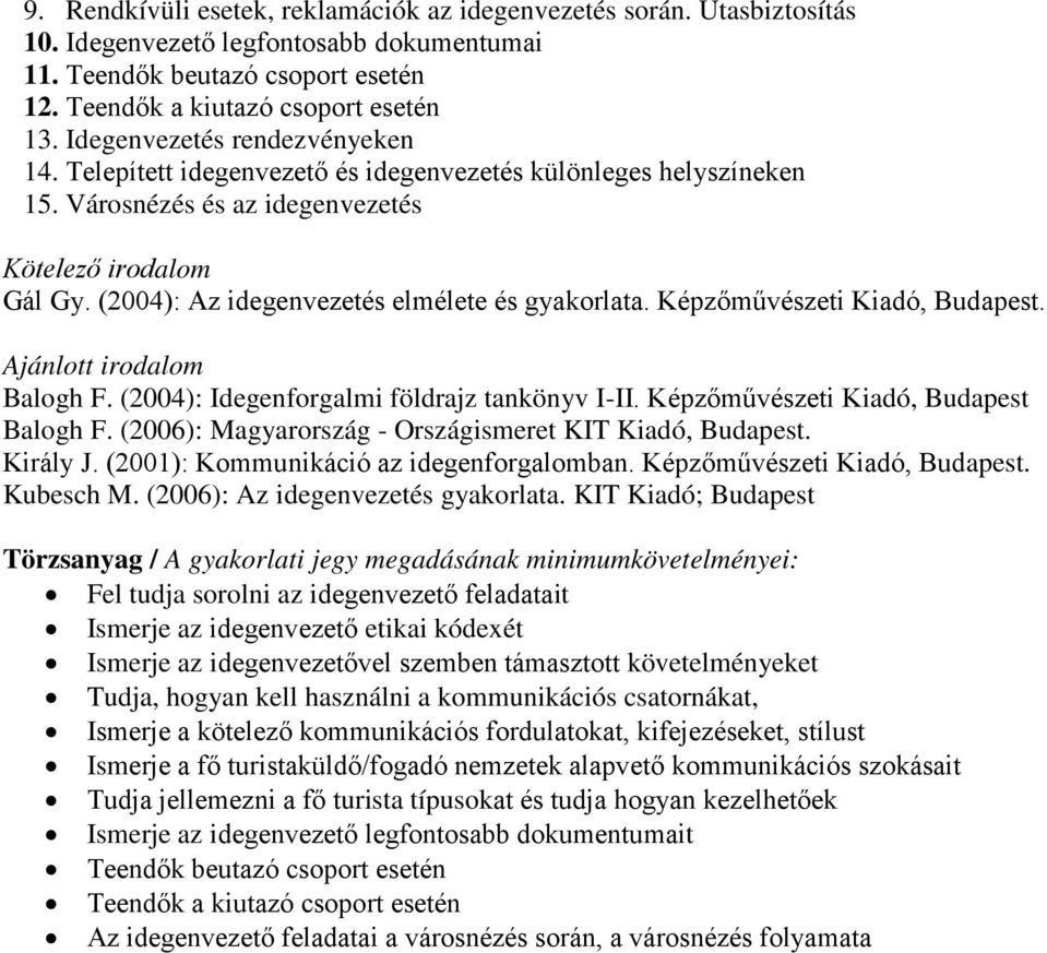 (2004): Az idegenvezetés elmélete és gyakorlata. Képzőművészeti Kiadó, Budapest. Ajánlott irodalom Balogh F. (2004): Idegenforgalmi földrajz tankönyv I-II. Képzőművészeti Kiadó, Budapest Balogh F.