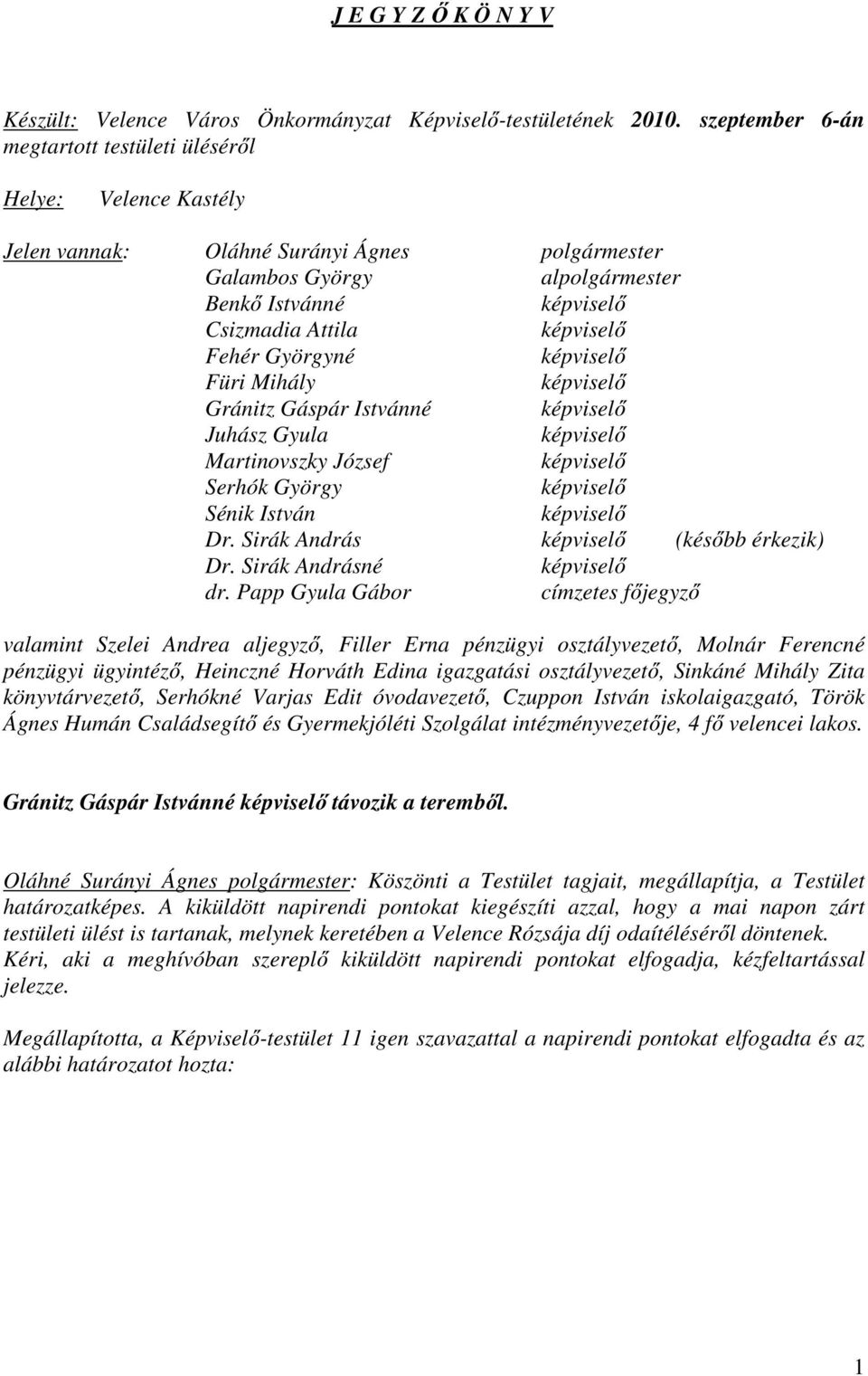 Mihály Gránitz Gáspár Istvánné Juhász Gyula Martinovszky József Serhók György Sénik István Dr. Sirák András (később érkezik) Dr. Sirák Andrásné dr.