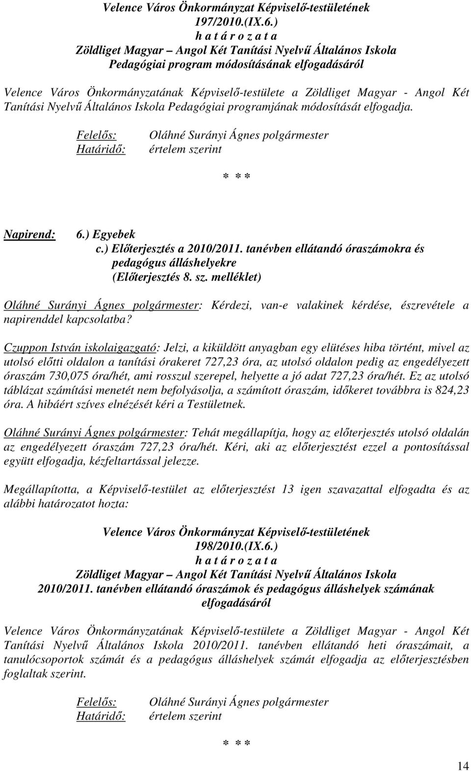 - Angol Két Tanítási Nyelvű Általános Iskola Pedagógiai programjának módosítását elfogadja. Felelős: Határidő: Oláhné Surányi Ágnes polgármester értelem szerint Napirend: 6.) Egyebek c.