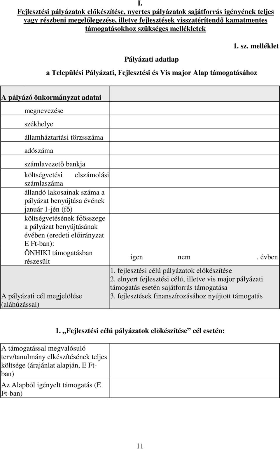 melléklet a Települési Pályázati, Fejlesztési és Vis major Alap támogatásához A pályázó önkormányzat adatai megnevezése székhelye államháztartási törzsszáma adószáma számlavezető bankja költségvetési