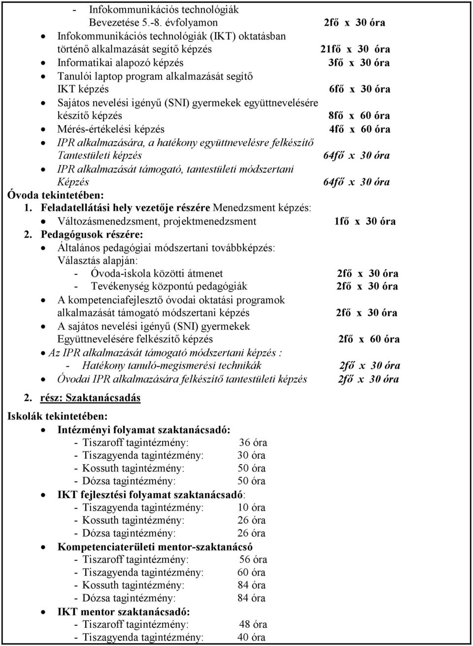 segítő IKT képzés 6fő x 30 óra Sajátos nevelési igényű (SNI) gyermekek együttnevelésére készítő képzés 8fő x 60 óra Mérés-értékelési képzés 4fő x 60 óra IPR alkalmazására, a hatékony együttnevelésre