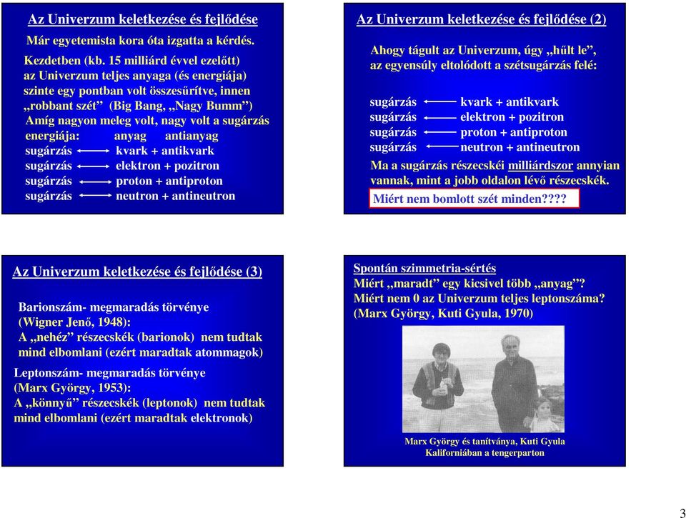 energiája: anyag antianyag sugárzás kvark + antikvark sugárzás elektron + pozitron sugárzás proton + antiproton sugárzás neutron + antineutron Az Univerzum keletkezése és fejlıdése (2) Ahogy tágult