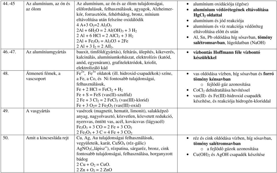 Az alumíniumgyártás bauxit, timföld(gyártás), feltárás, ülepítés, kikeverés, kalcinálás, alumíniumkohászat, elektrolízis (katód, anód, egyenáram), grafitelektródok, kriolit, elektrolizáló kád 48.