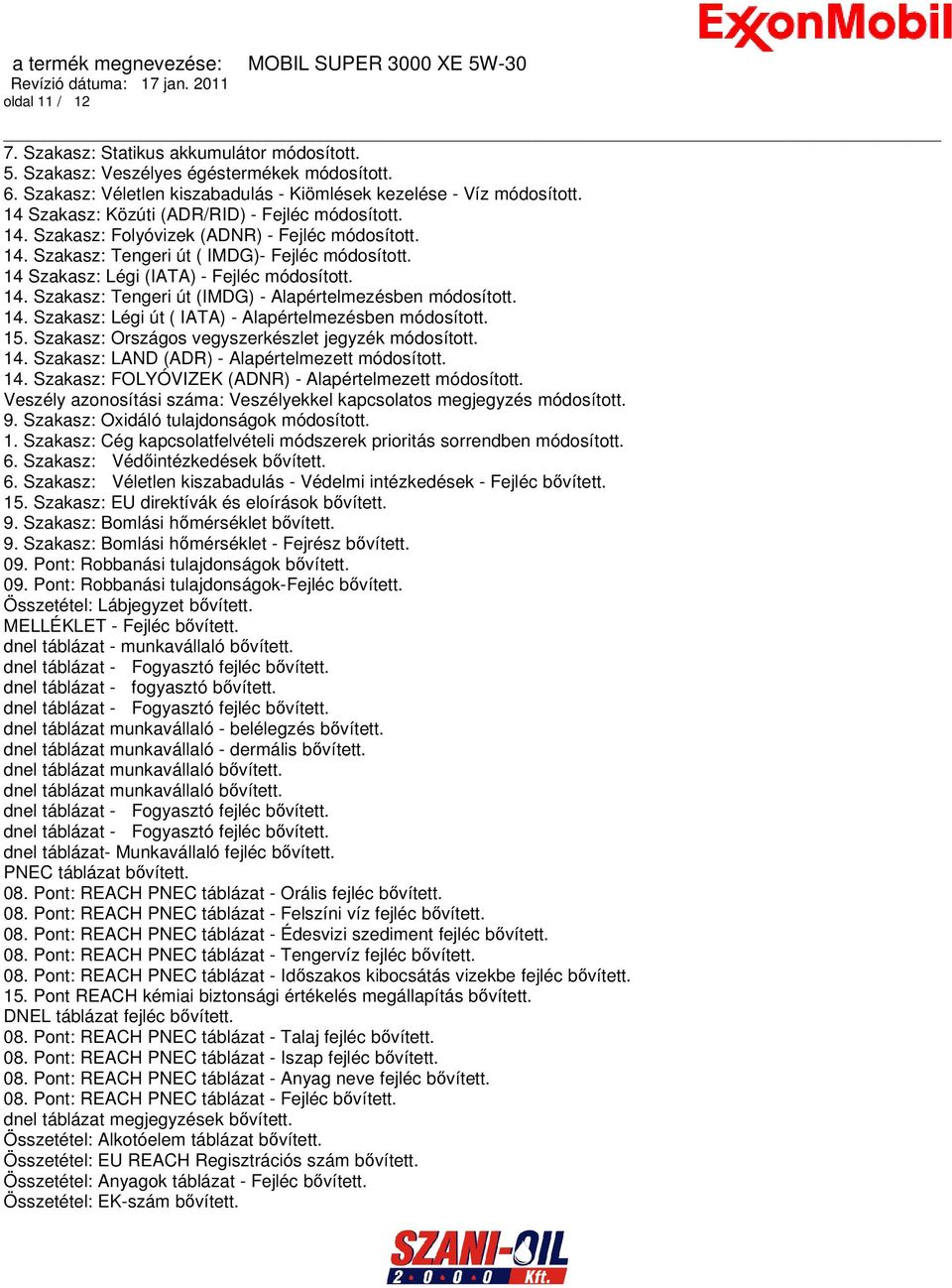 14. Szakasz: Tengeri út (IMDG) - Alapértelmezésben módosított. 14. Szakasz: Légi út ( IATA) - Alapértelmezésben módosított. 15. Szakasz: Országos vegyszerkészlet jegyzék módosított. 14. Szakasz: LAND (ADR) - Alapértelmezett módosított.