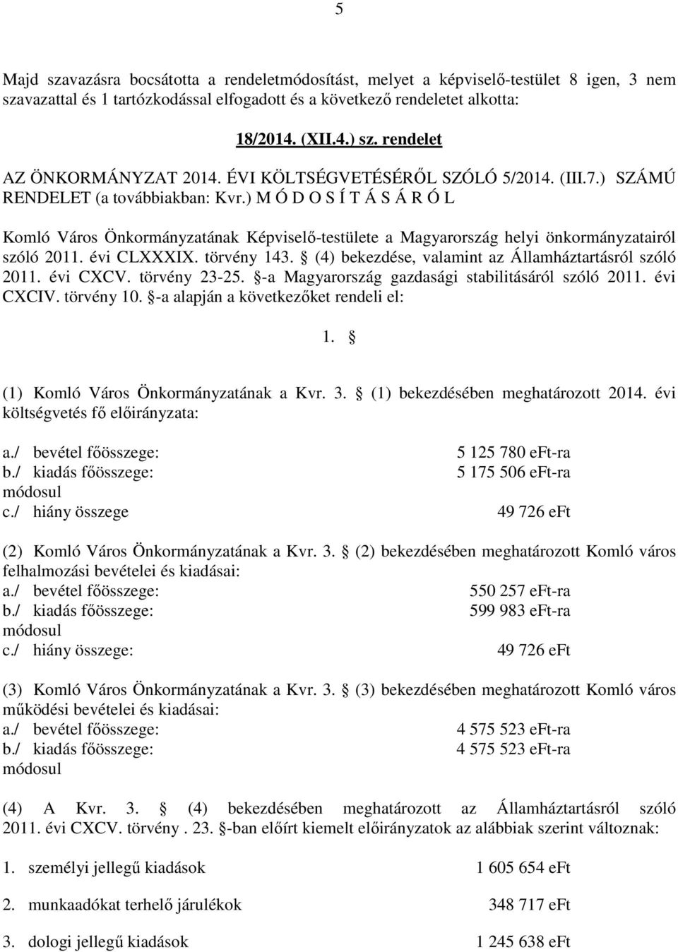 ) M Ó D O S Í T Á S Á R Ó L Komló Város Önkormányzatának Képviselő-testülete a Magyarország helyi önkormányzatairól szóló 2011. évi CLXXXIX. törvény 143.