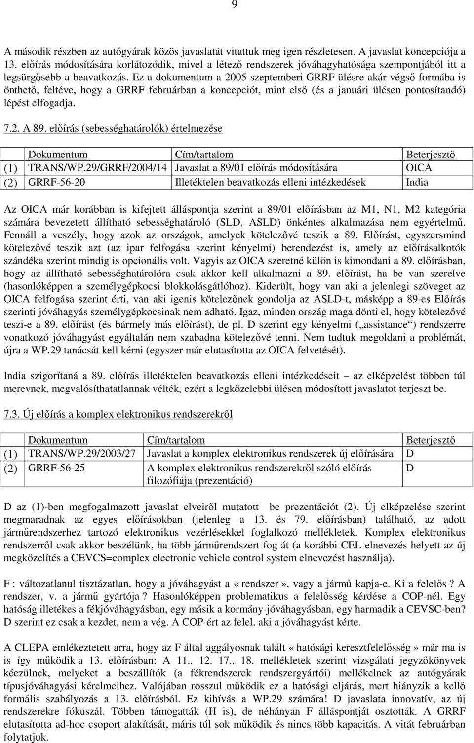 Ez a dokumentum a 2005 szeptemberi GRRF ülésre akár végsı formába is önthetı, feltéve, hogy a GRRF februárban a koncepciót, mint elsı (és a januári ülésen pontosítandó) lépést elfogadja. 7.2. A 89.