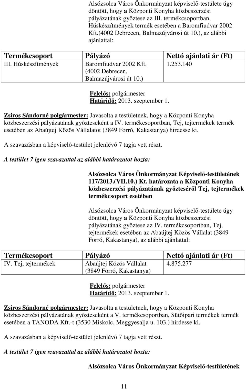 termékcsoportban, Tej, tejtermékek termék esetében az Abaújtej Közös Vállalatot (3849 Forró, Kakastanya) hirdesse ki. 117/2013.(VII.10.) Kt.
