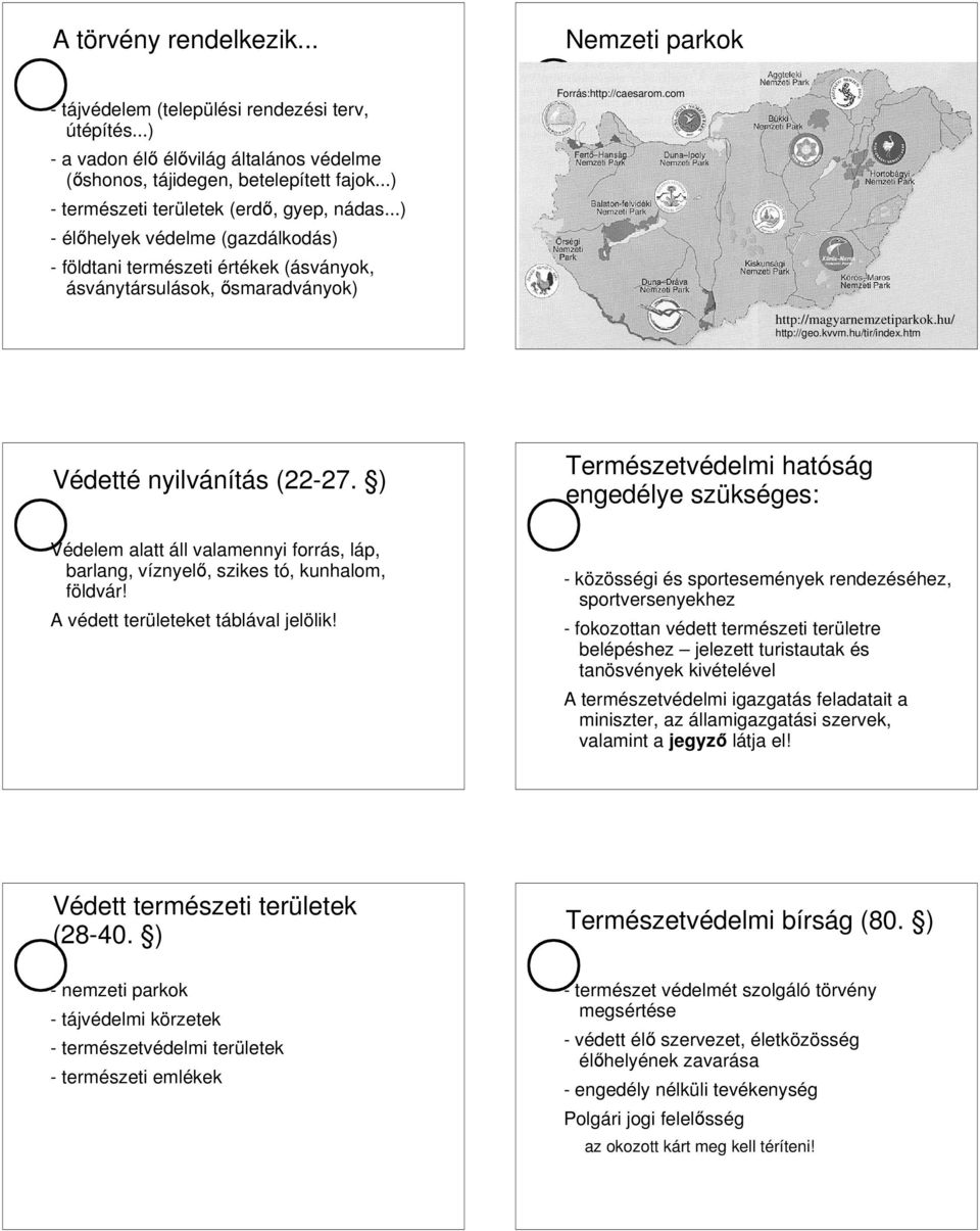 com http://magyarnemzetiparkok.hu/ http://geo.kvvm.hu/tir/index.htm Védetté nyilvánítás (22-27. ) Védelem alatt áll valamennyi forrás, láp, barlang, víznyelő, szikes tó, kunhalom, földvár!