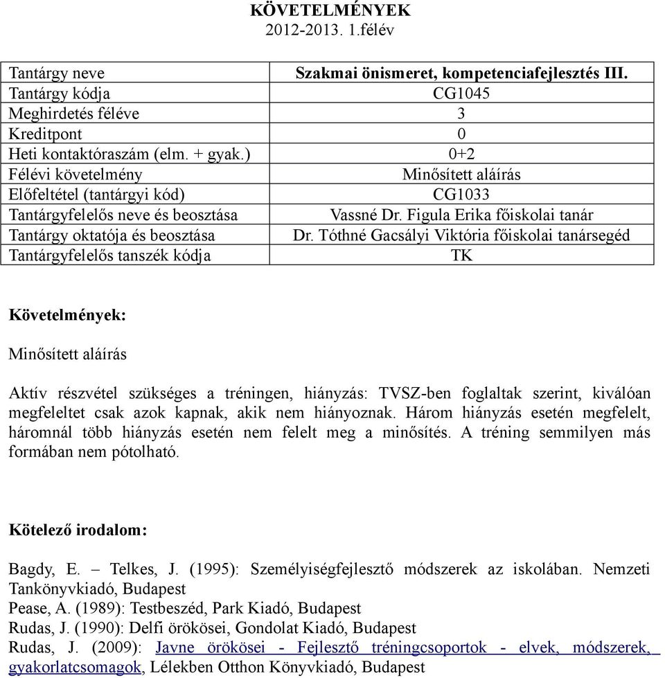 Figula Erika főiskolai tanár Minősített aláírás Aktív részvétel szükséges a tréningen, hiányzás: TVSZ-ben foglaltak szerint, kiválóan megfeleltet csak azok kapnak, akik nem hiányoznak.