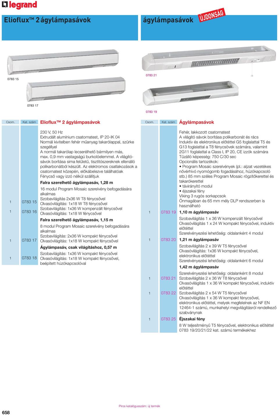 szám Ágylámpasávok 0783 5 0783 6 0783 7 0783 8 230 V, 50 Hz Extrudált alumínium csatornatest, IP 20-IK 04 Normál kivitelben fehér mûanyag takarólappal, szürke szegéllyel A normál takarólap