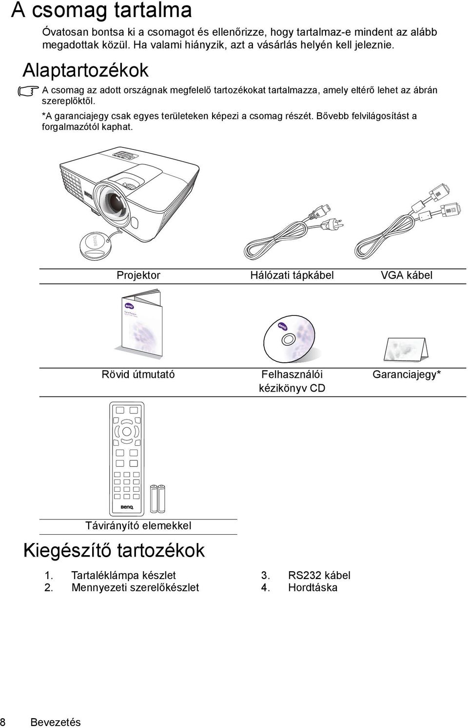 Alaptartozékok A csomag az adott országnak megfelelő tartozékokat tartalmazza, amely eltérő lehet az ábrán szereplőktől.