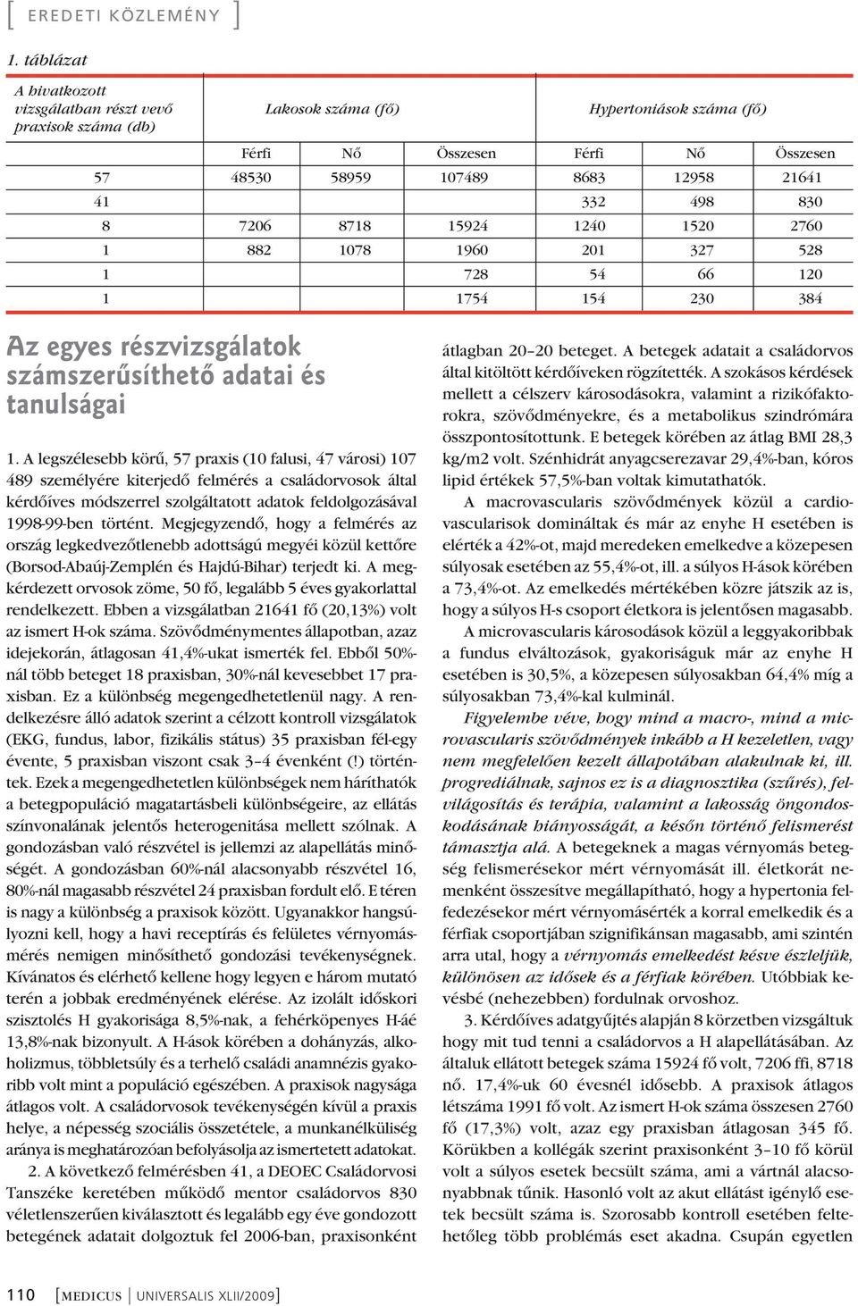 A legszélesebb körû, 57 praxis (10 falusi, 47 városi) 107 489 személyére kiterjedô felmérés a családorvosok által kérdôíves módszerrel szolgáltatott adatok feldolgozásával 1998-99-ben történt.