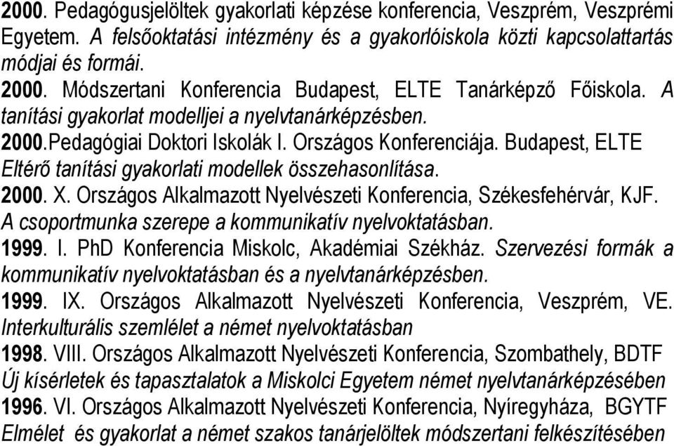 Budapest, ELTE Eltérő tanítási gyakorlati modellek összehasonlítása. 2000. X. Országos Alkalmazott Nyelvészeti Konferencia, Székesfehérvár, KJF. A csoportmunka szerepe a kommunikatív nyelvoktatásban.