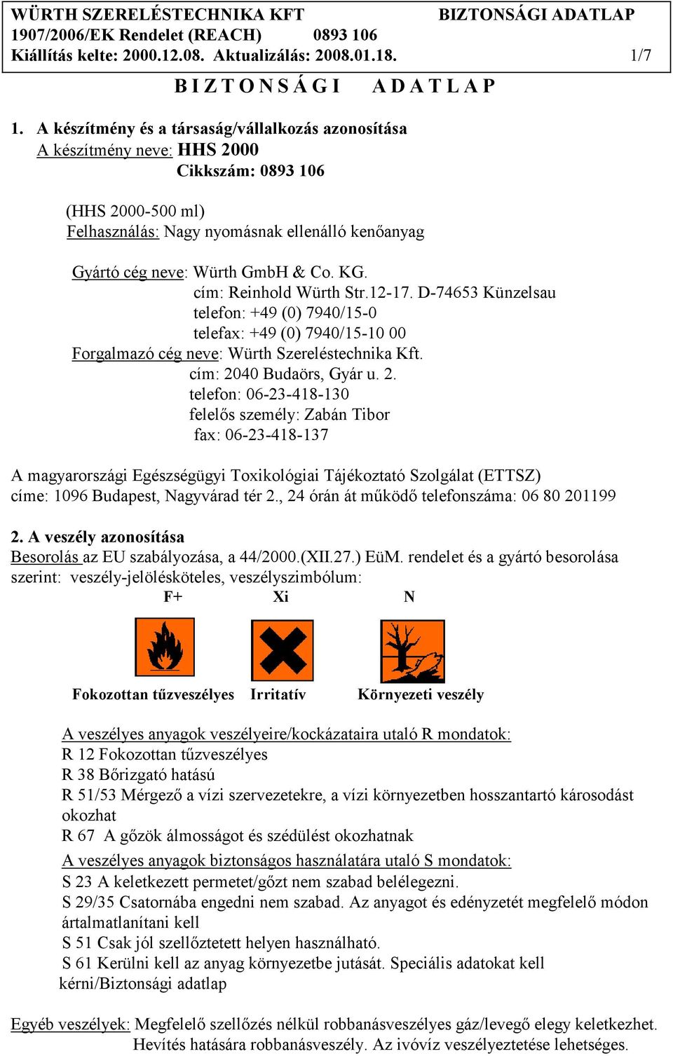 Würth GmbH & Co. KG. cím: Reinhold Würth Str.12-17. D-74653 Künzelsau telefon: +49 (0) 7940/15-0 telefax: +49 (0) 7940/15-10 00 Forgalmazó cég neve: Würth Szereléstechnika Kft.