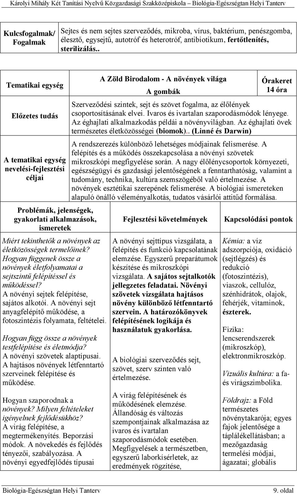 . Tematikai egység Előzetes tudás A tematikai egység nevelési-fejlesztési céljai Problémák, jelenségek, gyakorlati alkalmazások, ismeretek Miért tekinthetők a növények az életközösségek termelőinek?