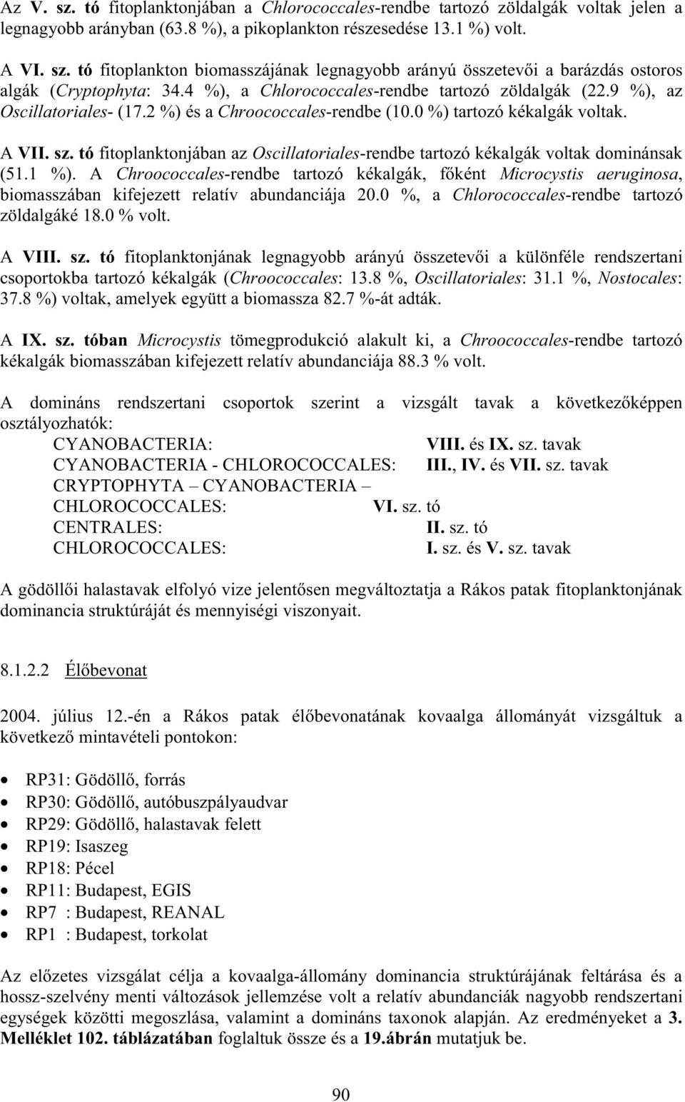 tó fitoplanktonjában az Oscillatoriales-rendbe tartozó kékalgák voltak dominánsak (51.1 %).