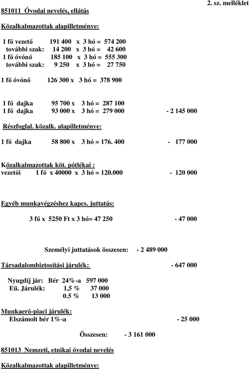 126 300 x 3 hó = 378 900 1 fő dajka 95 700 x 3 hó = 287 100 1 fő dajka 93 000 x 3 hó = 279 000-2 145 000 Részfoglal. közalk. alapilletménye: 1 fő dajka 58 800 x 3 hó = 176.