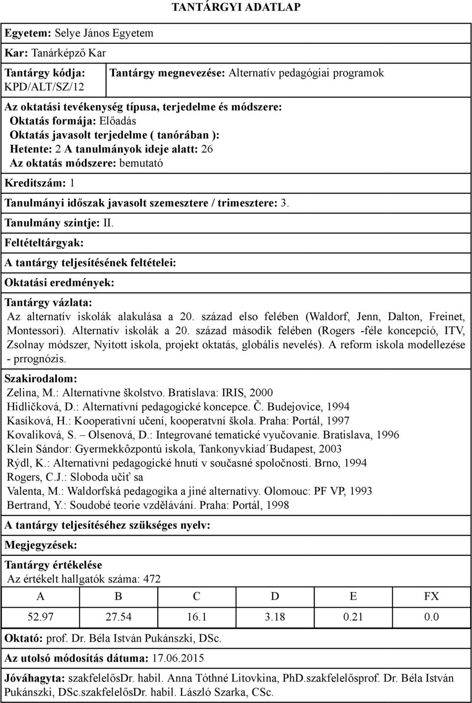 század második felében (Rogers -féle koncepció, ITV, Zsolnay módszer, Nyitott iskola, projekt oktatás, globális nevelés). A reform iskola modellezése - prrognózis. Zelina, M.: Alternatívne školstvo.