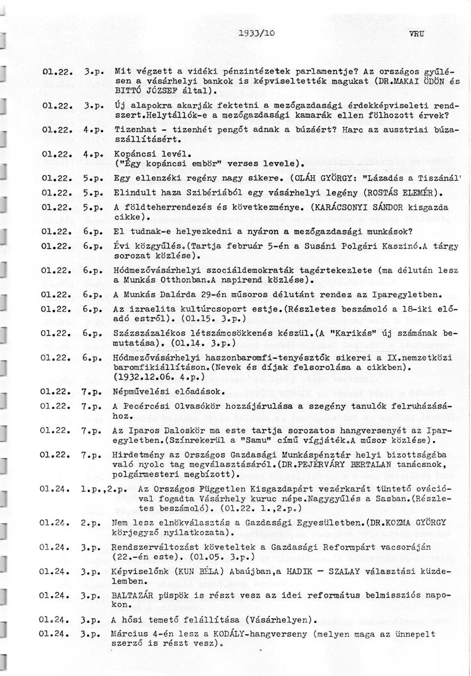("Egy kopáncsi embör" verses levele). 01,22. 5.p. Egy ellenzéki regény nagy sikere. (OLÁH GYÖRGY: "Lázadás a Tiszánál' 01.22. 5.p. Elindult haza Szibériából egy vásárhelyi legény (ROSTÁS ELEMÉR).