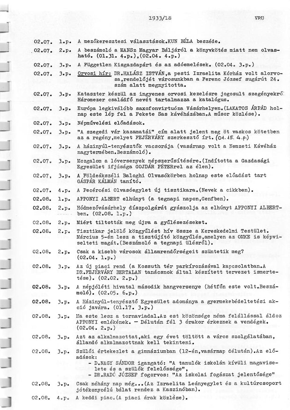 02.07. 3.p. Európa legkiválóbb saxof onvirtuóza Vásárhelyen. (LAKATOS ÁRPÁD holnap este lép fel a Fekete Sas kávéházában 0 A műsor közlése). 02.07. 3.p. Népművelési előadások. 02.07. 3.p. "A szegedi vár kazamatái" cím alatt jelent meg öt vaskos kötetben az a regény,melyet FEJÉRVÁRY szerkesztő írt.