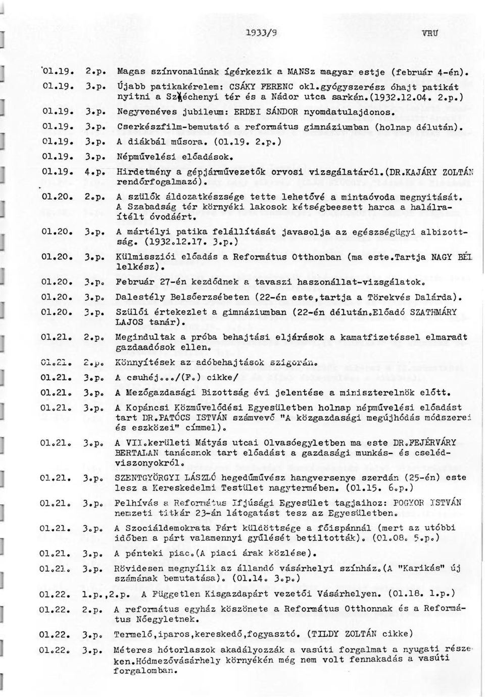 01.19. 3.p. A diákbál műsora. (01.19. 2.p.) 01.19. 3.p. Népművelési előadások. 01.19. 4.p. Hirdetmény a gépjárművezetők orvosi vizsgálatáról.(dr.kajáry ZOLTÁN rendőrfogalmazó). 01.20. 2.p. A szülők áldozatkészsége tette lehetővé a mintaóvoda megnyitását.