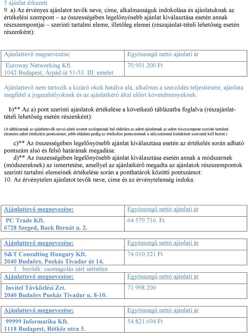 tartalmi eleme, illetőleg elemei (részajánlat-tételi lehetőség esetén részenként): Euroway Networking Kft. 1042 Budapest, Árpád út 51-53. III. emelet 70.901.