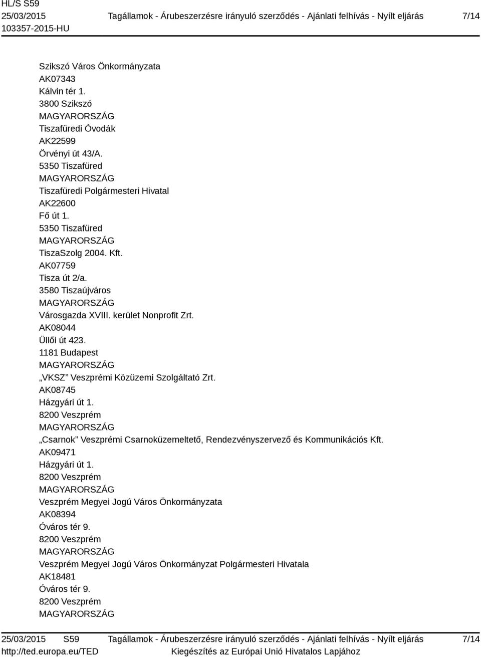 kerület Nonprofit Zrt. AK08044 Üllői út 423. 1181 Budapest VKSZ Veszprémi Közüzemi Szolgáltató Zrt. AK08745 Házgyári út 1.