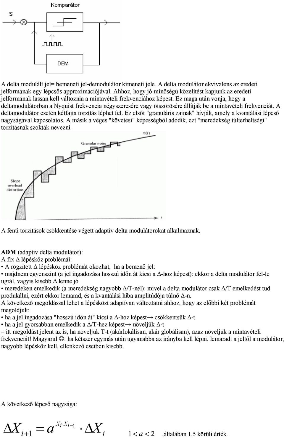 Ez maga után vonja, hogy a deltamodulátorban a Nyquist frekvencia négyszeresére vagy ötszörösére állítják be a mintavételi frekvenciát. deltamodulátor esetén kétfajta torzítás léphet fel.