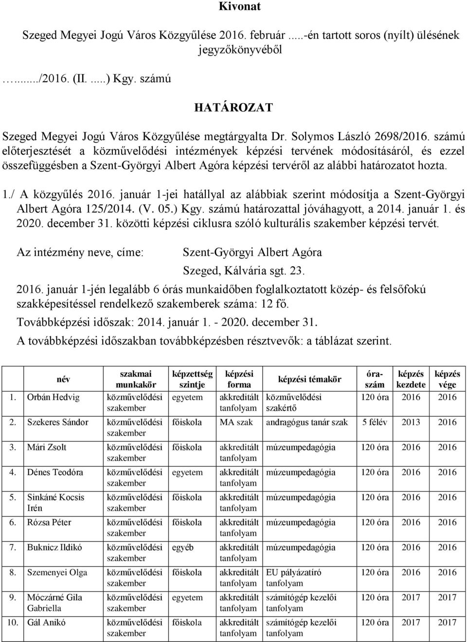 számú előterjesztését a közművelődési intézmények i tervének módosításáról, és ezzel összefüggésben a Szent-Györgyi Albert Agóra i tervéről az alábbi határozatot hozta. 1./ A közgyűlés 2016.