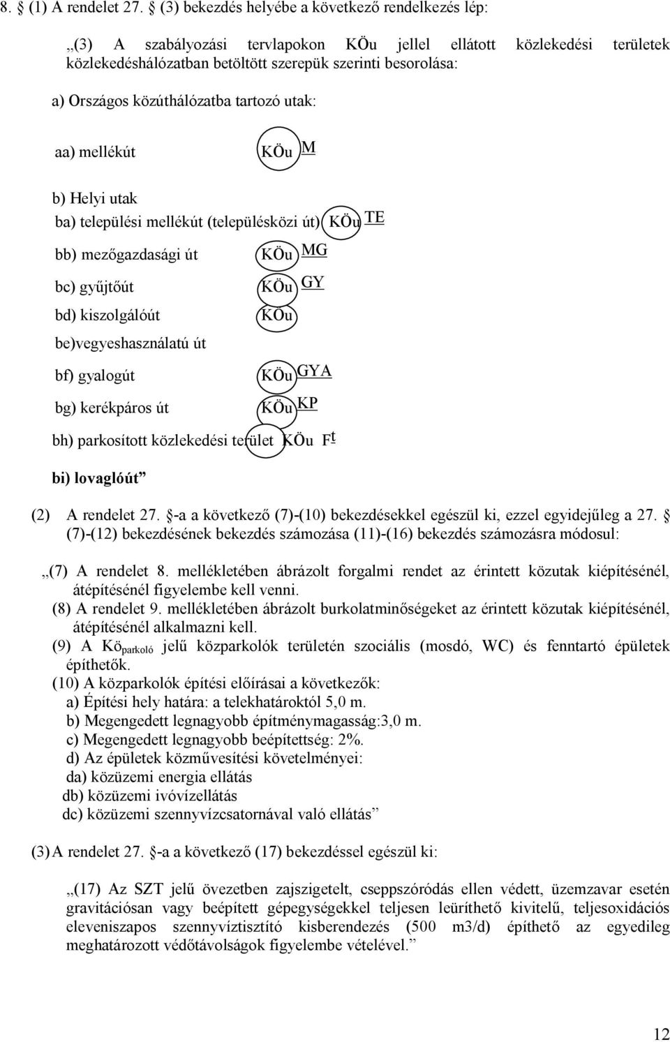 közúthálózatba tartozó utak: aa) mellékút KÖu M b) Helyi utak ba) települési mellékút (településközi út) KÖu TE bb) mezőgazdasági út bc) gyűjtőút bd) kiszolgálóút be)vegyeshasználatú út bf) gyalogút