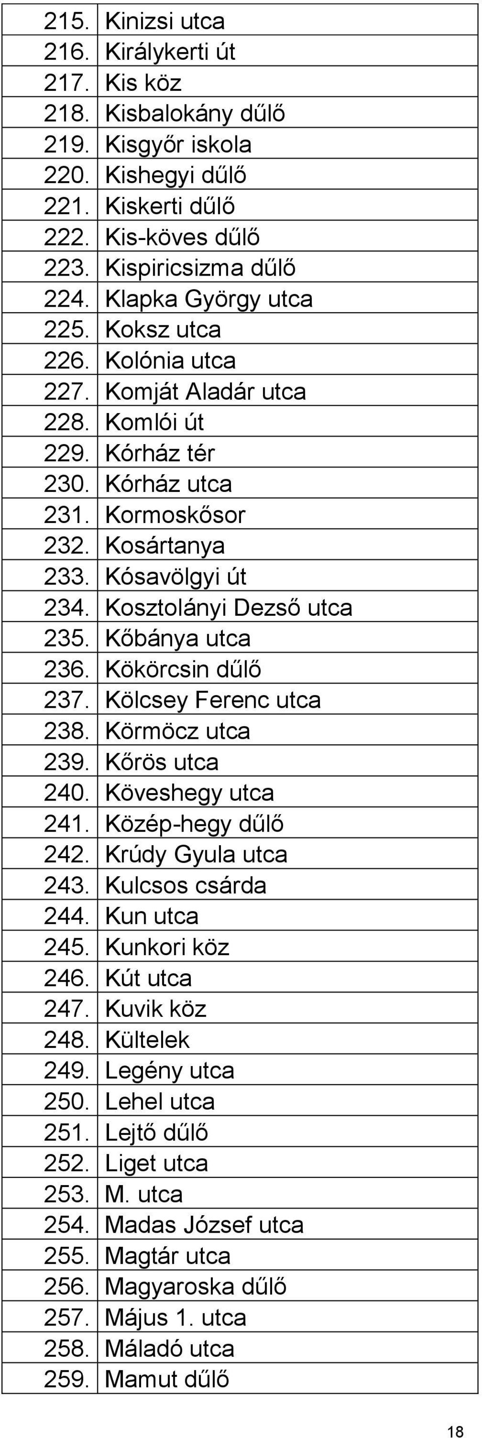 Kosztolányi Dezső utca 235. Kőbánya utca 236. Kökörcsin dűlő 237. Kölcsey Ferenc utca 238. Körmöcz utca 239. Kőrös utca 240. Köveshegy utca 241. Közép-hegy dűlő 242. Krúdy Gyula utca 243.