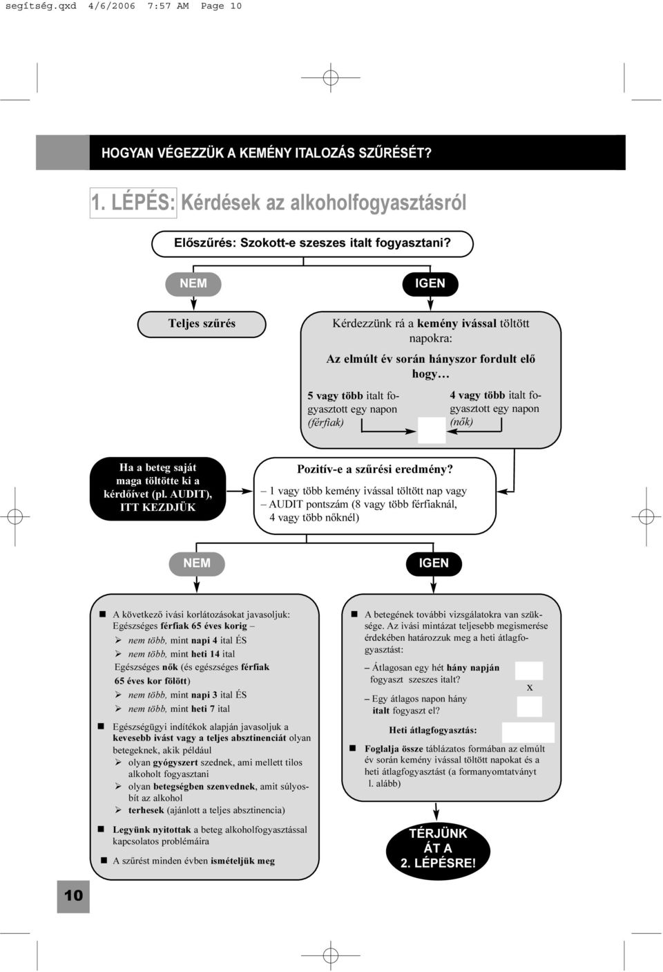 napon (nõk) Ha a beteg saját maga töltötte ki a kérdõívet (pl. AUDIT), ITT KEZDJÜK Pozitív-e a szûrési eredmény?