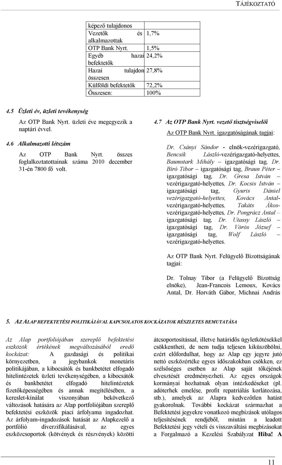 4.7 Az OTP Bank Nyrt. vezető tisztségviselői Az OTP Bank Nyrt. igazgatóságának tagjai: Dr.