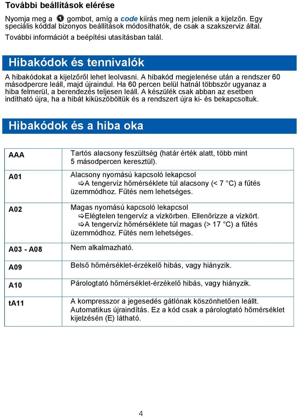 Ha 60 percen belül hatnál többször ugyanaz a hiba felmerül, a berendezés teljesen leáll.