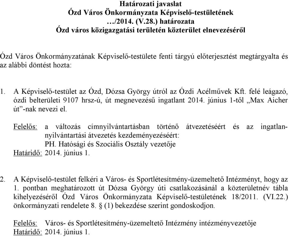 A Képviselő-testület az Ózd, Dózsa György útról az Ózdi Acélművek Kft. felé leágazó, ózdi belterületi 9107 hrsz-ú, út megnevezésű ingatlant 2014. június 1-től Max Aicher út -nak nevezi el.