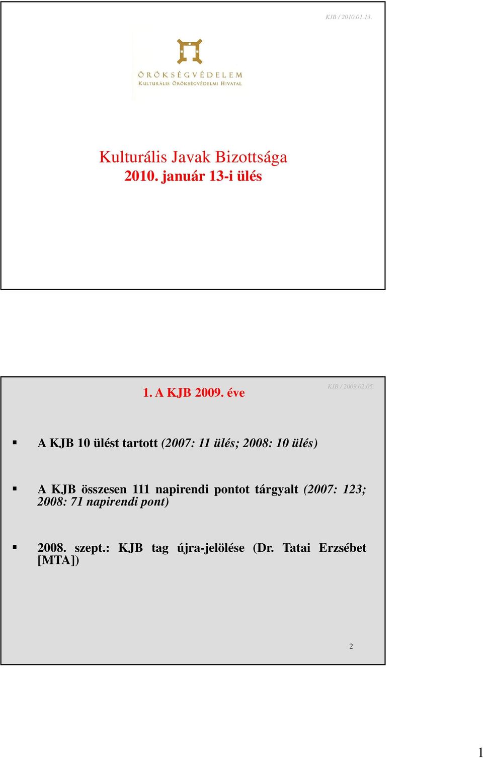 A KJB 10 ülést tartott (2007: 11 ülés; 2008: 10 ülés) A KJB összesen 111