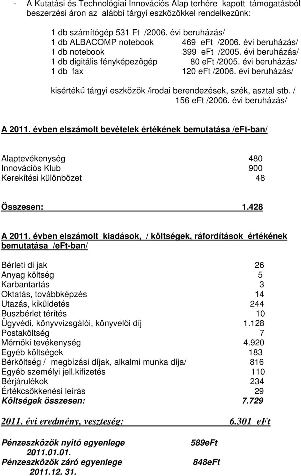 évi beruházás/ kisértékű tárgyi eszközök /irodai berendezések, szék, asztal stb. / 156 eft /2006. évi beruházás/ A 2011.